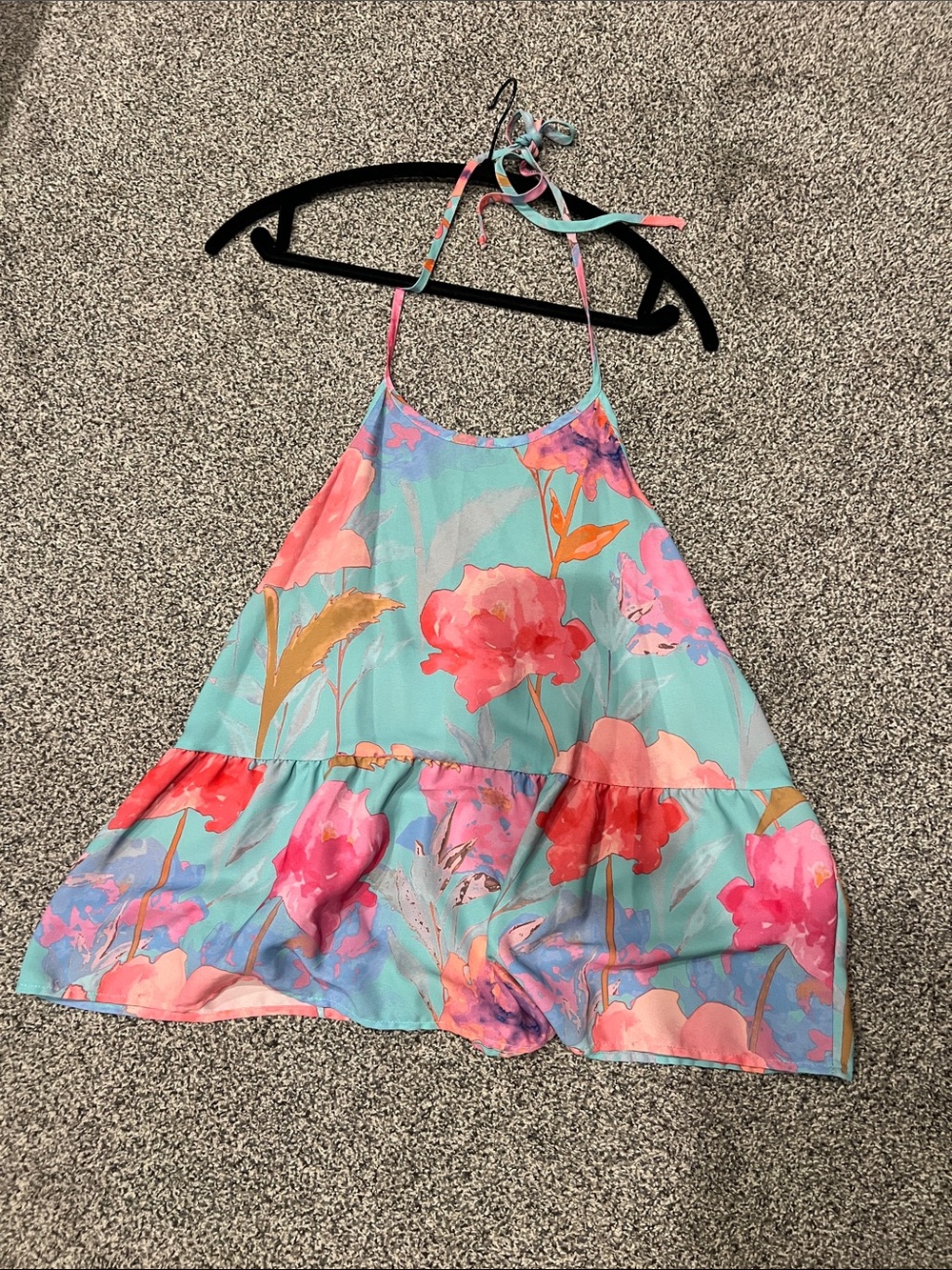Everly Aqua Floral Halter Camisole with Pink & Coral Blooms